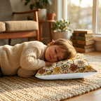 Child lying on a patterned pillow in a cozy living room