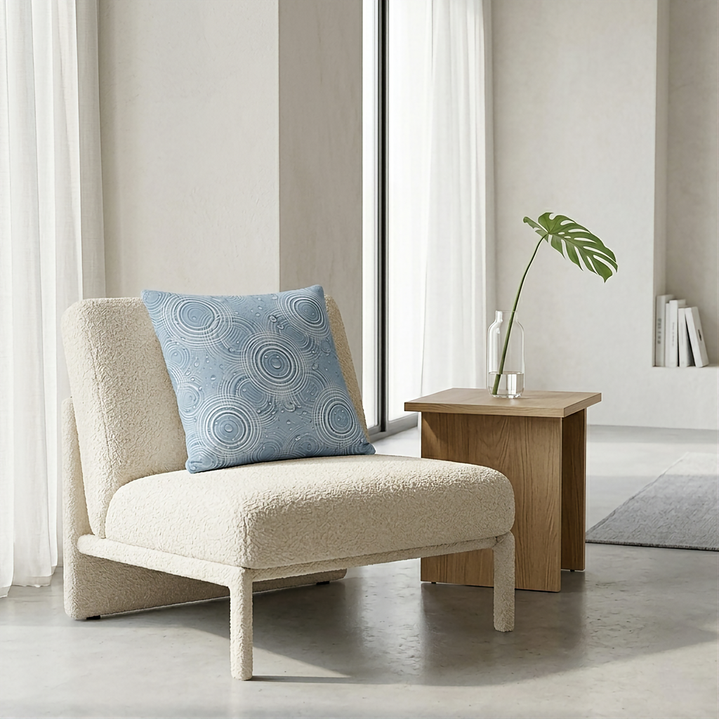 Beige armchair with a blue pillow in a modern living room setting