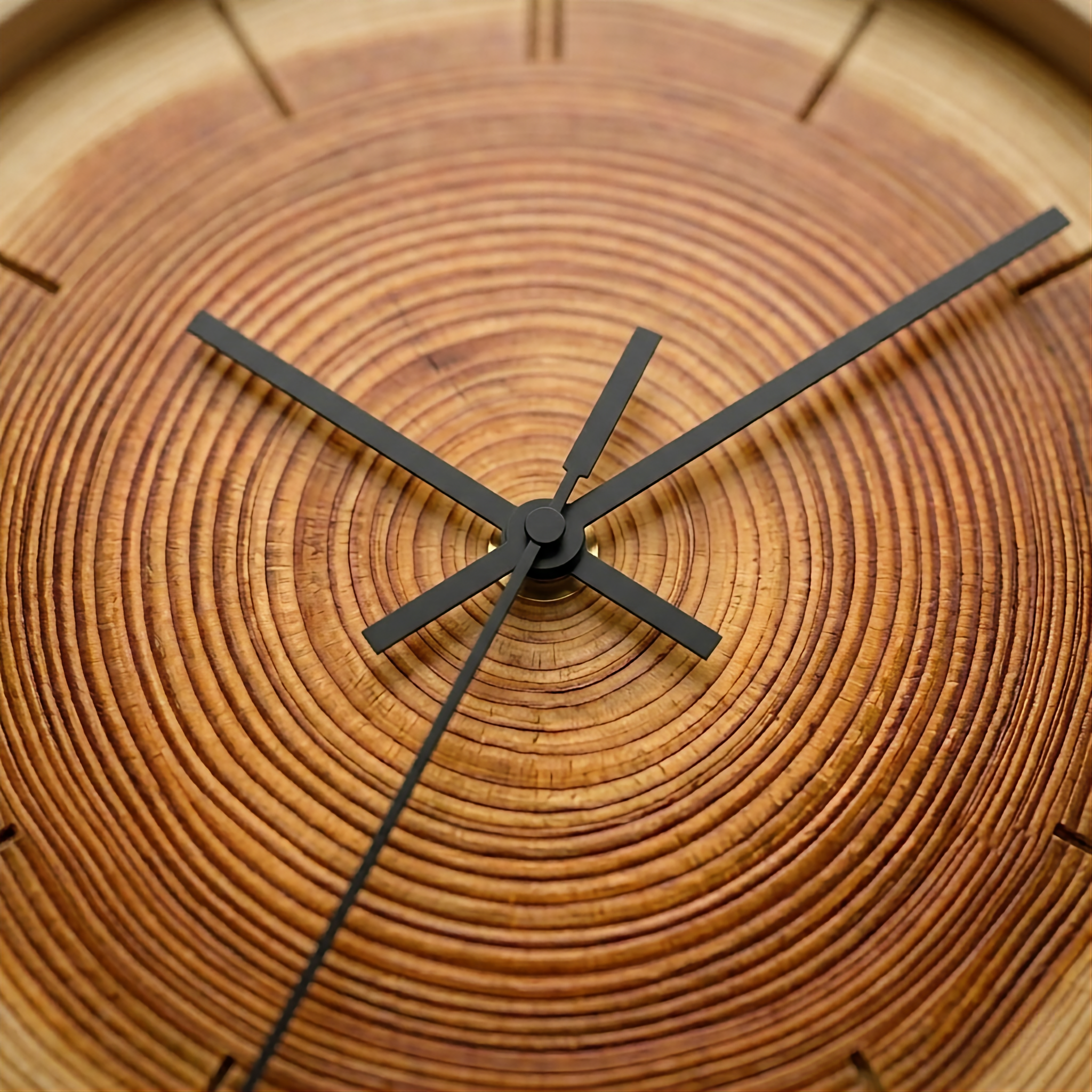 Wooden clock with black hands on a wooden background