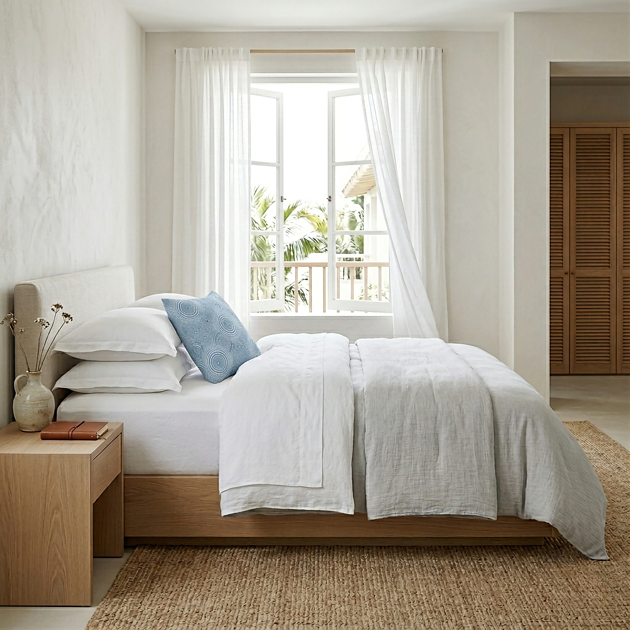 Neatly made bed with white bedding and a wooden nightstand in a bright bedroom.