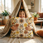 Child holding a decorative pillow inside a teepee-like structure in a cozy living room.